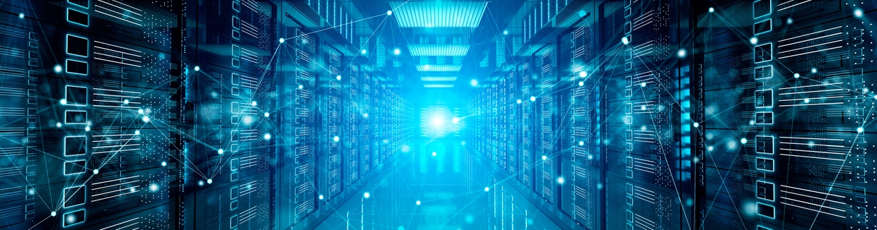 A bank of computer services with technology lines pulsing